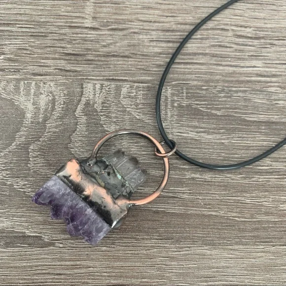 Tri-Quartz Point & Amethyst Copper Wrapped Necklace - Picture 8 of 9